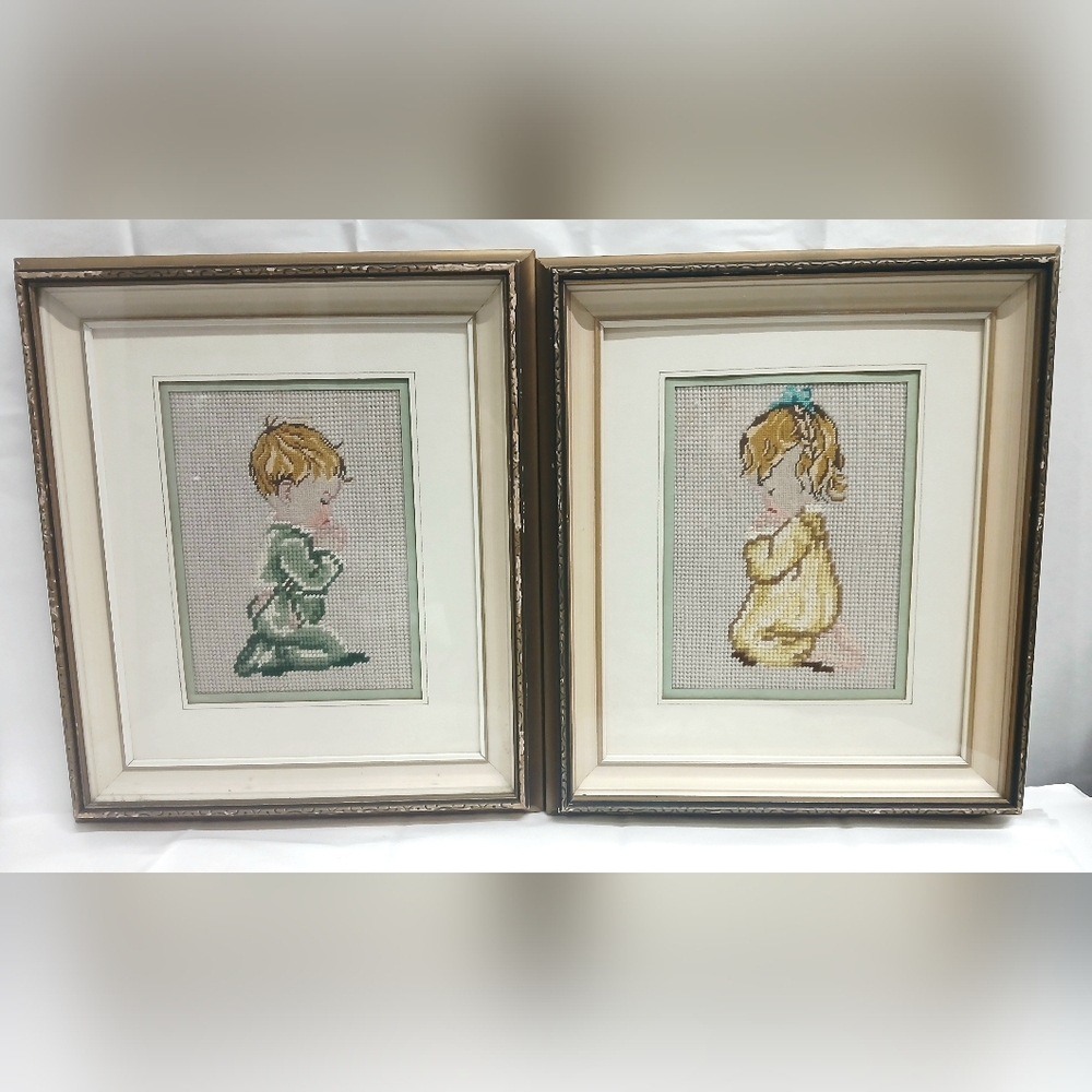 Framed Cross-Stitch Praying Children Wall Art - Green & Yellow